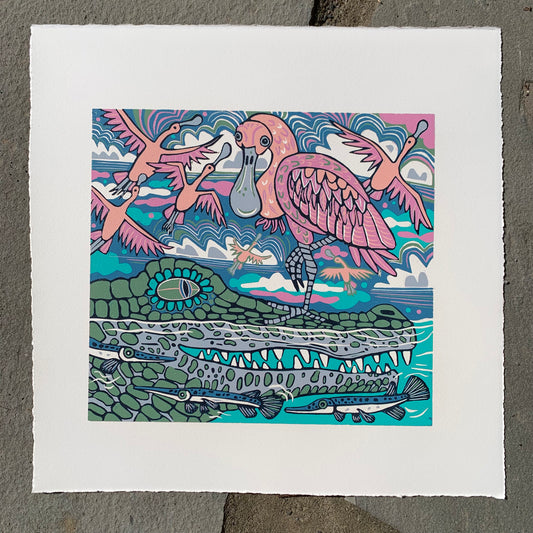 Gator and Spoonbills original woodcut