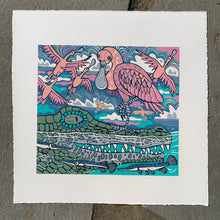 Load image into Gallery viewer, Gator and Spoonbills original woodcut
