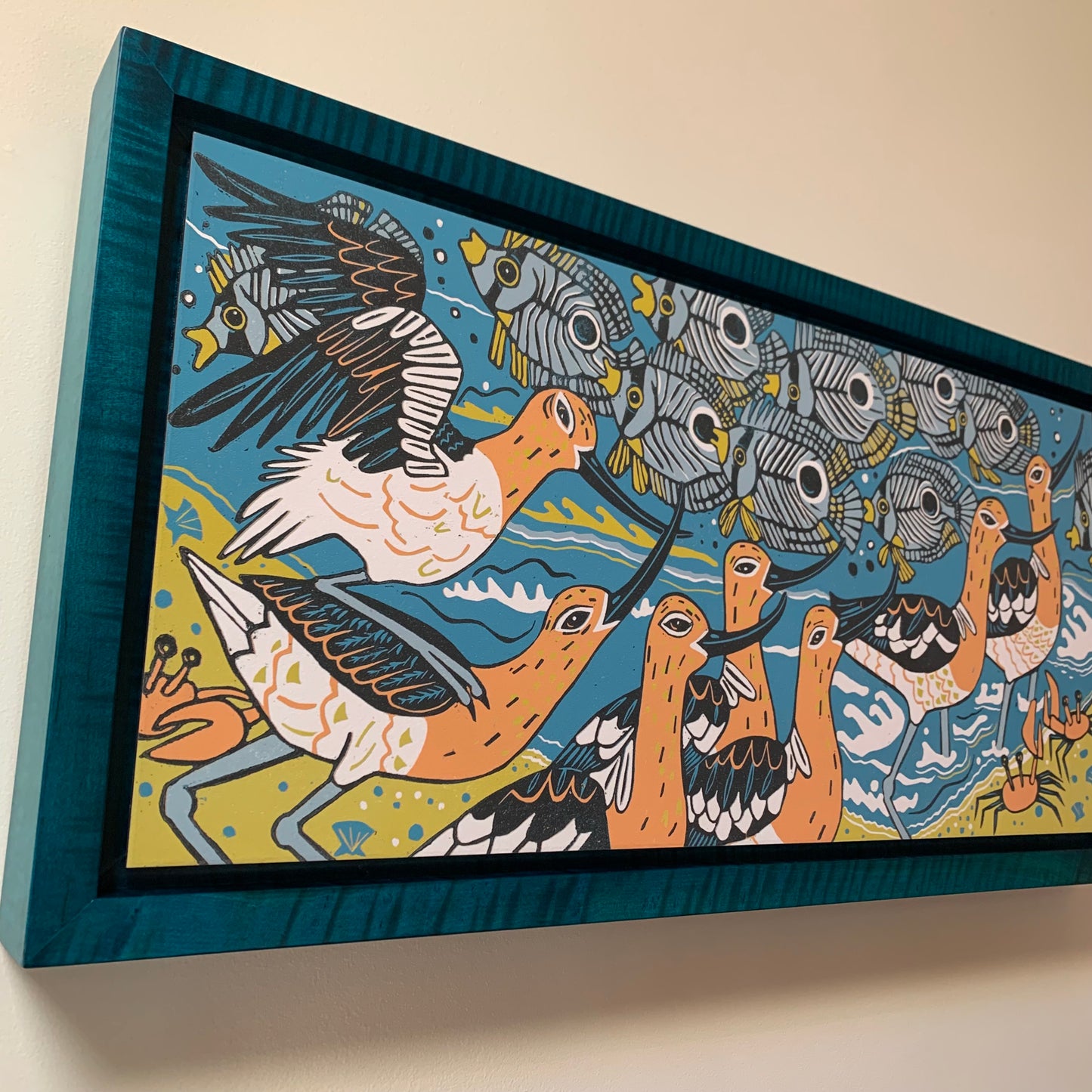 IN STOCK Avocet woodcut framed in blue
