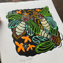 Load image into Gallery viewer, Colorful Lightning bug linocut
