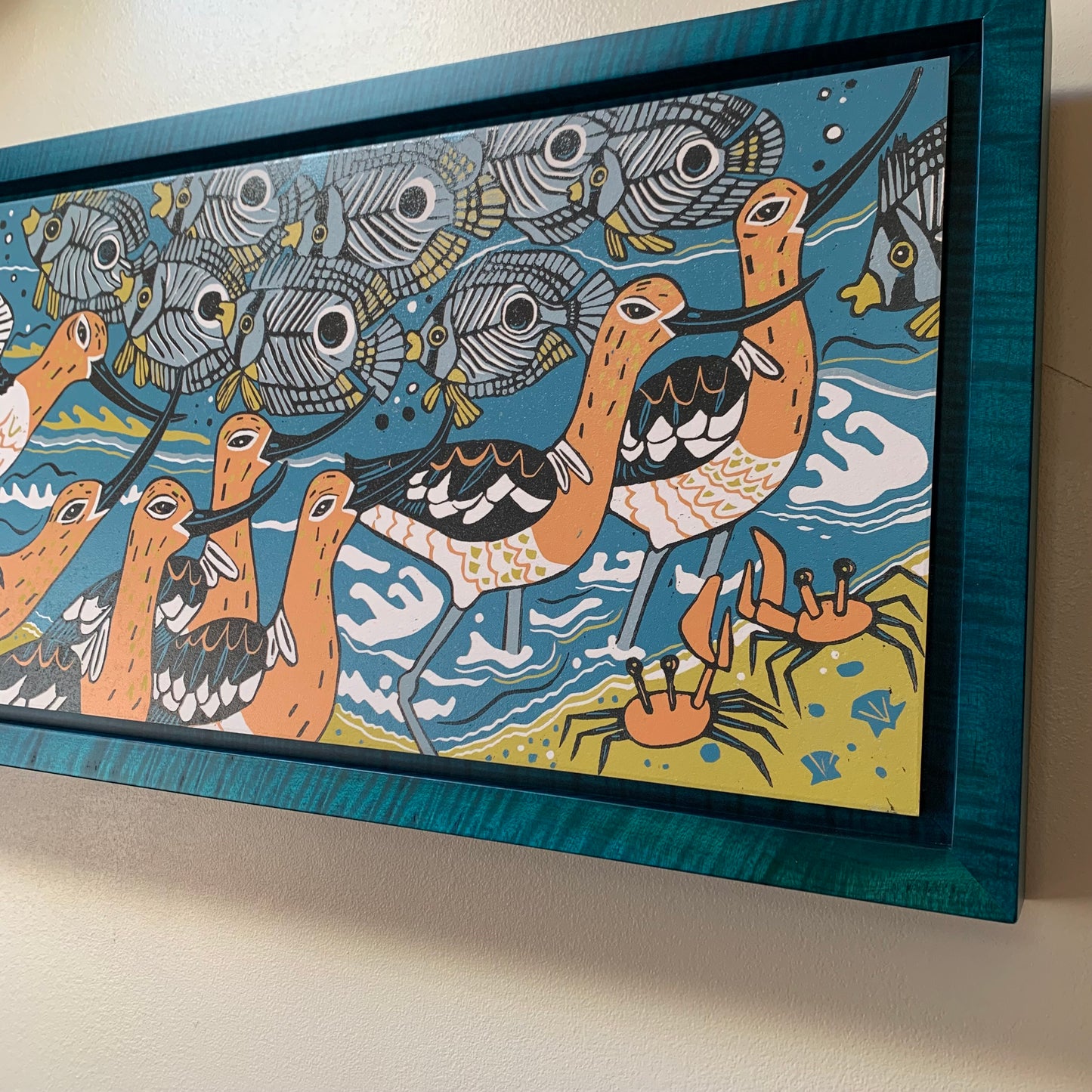 IN STOCK Avocet woodcut framed in blue