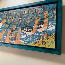 Load image into Gallery viewer, IN STOCK Avocet woodcut framed in blue
