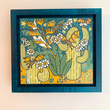 Load image into Gallery viewer, Cactus bats framed in blue solid tiger maple wood
