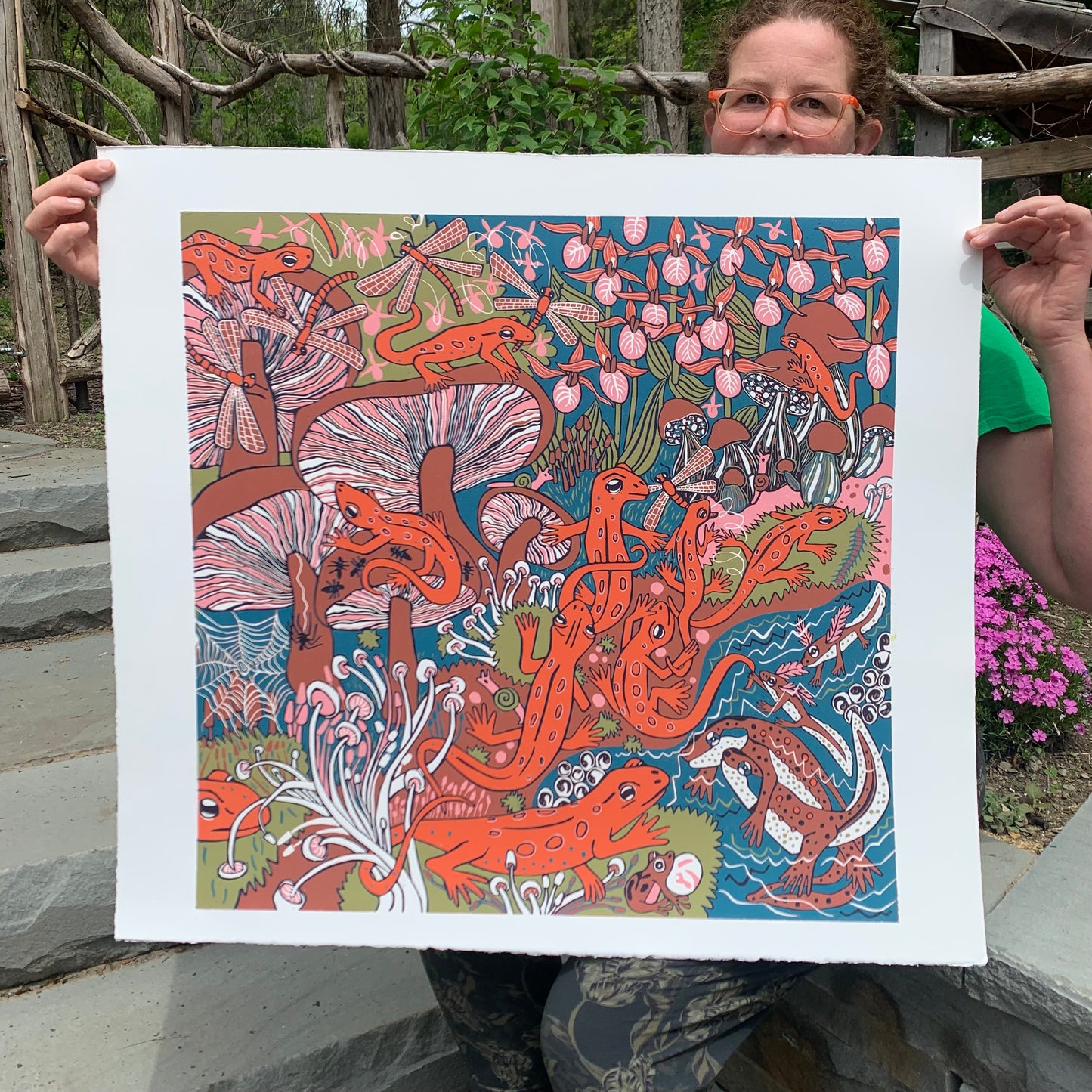 Large red eft and mushroom original woodcut