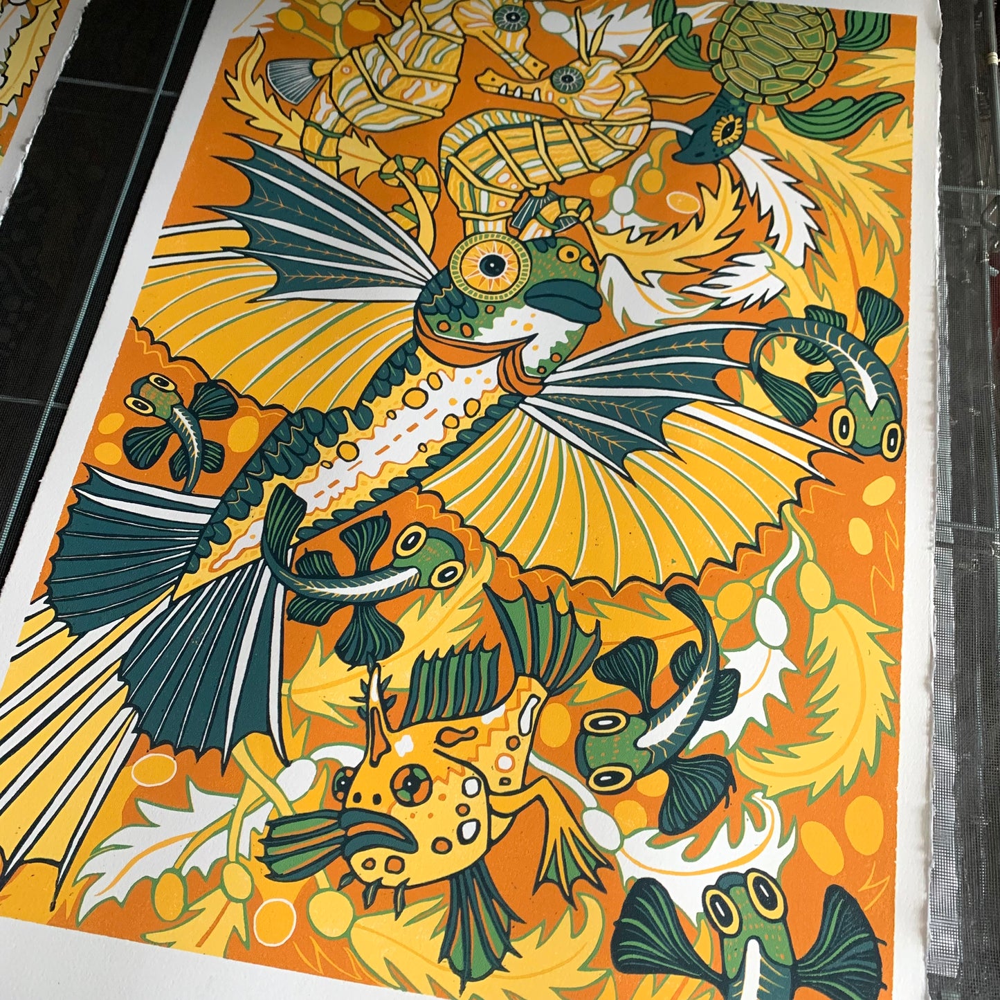 Flying fish and whale shark original Woodcut