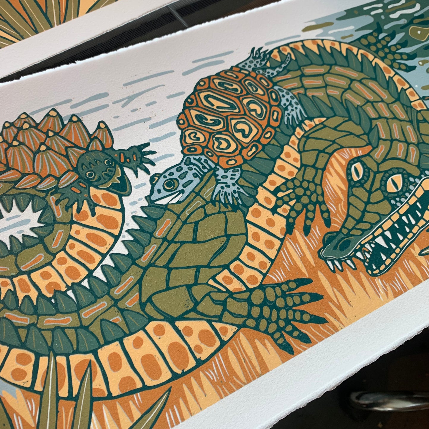 American alligator and turtle original woodcut