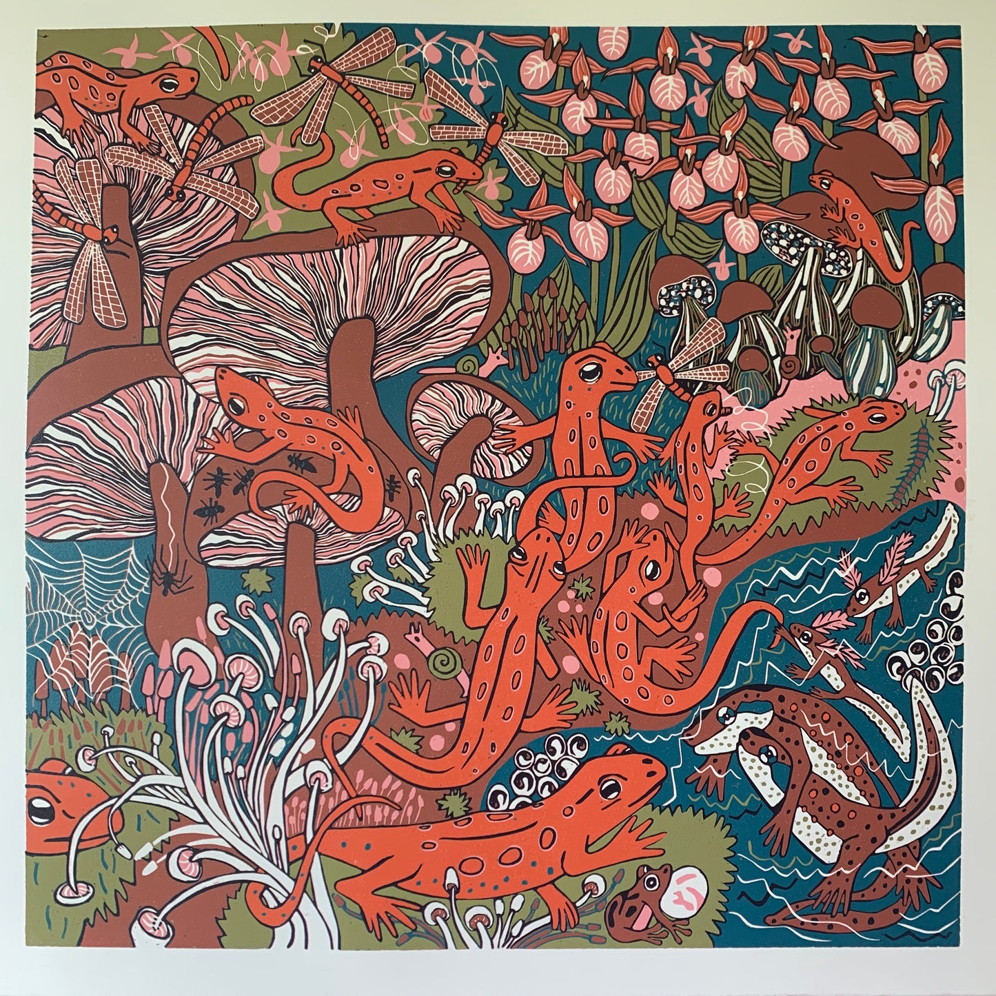 Large red eft and mushroom original woodcut