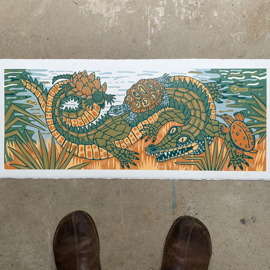 American alligator and turtle original woodcut