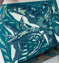 Load image into Gallery viewer, LAST ONE UNFRAMED Large humpback whale and plankton Woodcut
