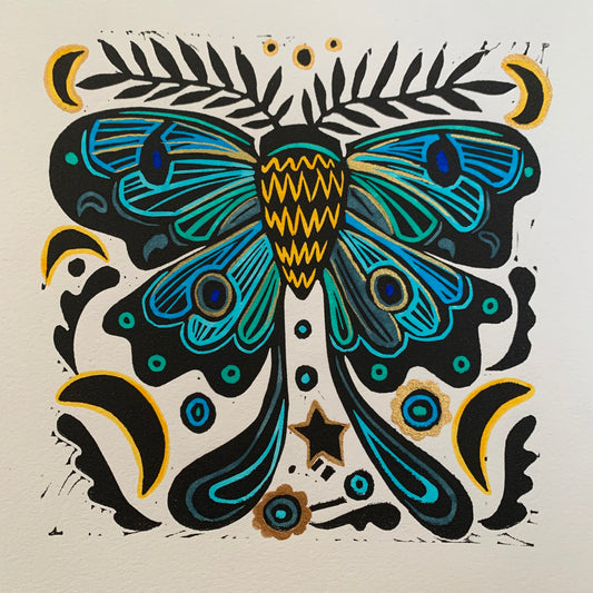Blue moth linocut