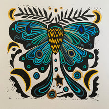 Load image into Gallery viewer, Blue moth linocut

