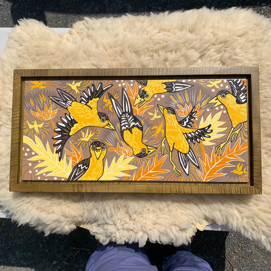 Goldfinch woodcut framed in olive curly maple