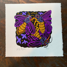 Load image into Gallery viewer, Purple and Yellow Lightning bug linocut
