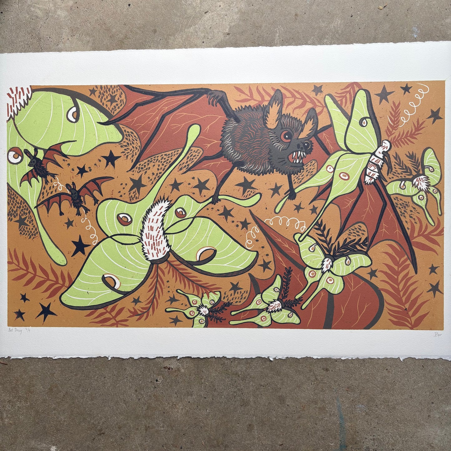 Luna Moth and Bat Woodcut