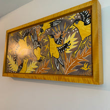 Load image into Gallery viewer, Goldfinch woodcut framed in yellow
