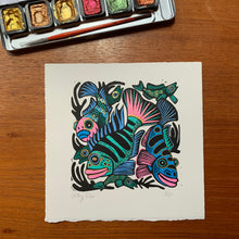 Load image into Gallery viewer, Cichlid inspired Linocut blue tones
