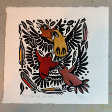 Load image into Gallery viewer, Handpainted colorful goldfinch linocut
