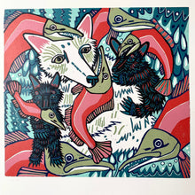 Load image into Gallery viewer, LAST ONE UNFRAMED Spirit bear and sockeye salmon original woodcut
