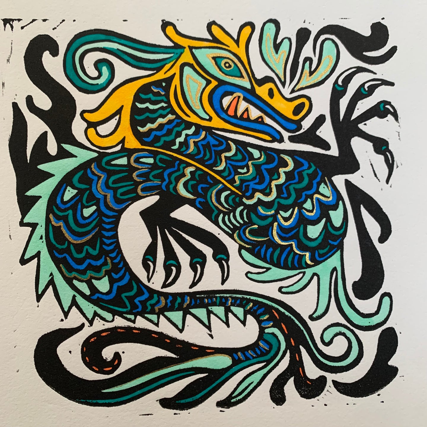 Blue Dragon Linocut