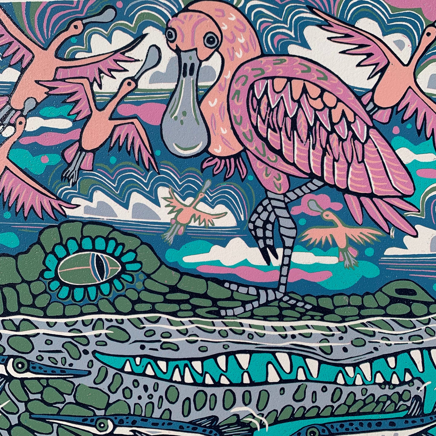Gator and Spoonbills original woodcut