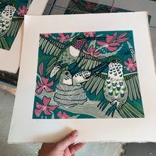 Load image into Gallery viewer, Hummingbird and spiderweb original woodcut
