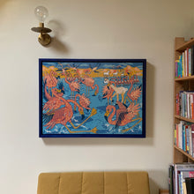 Load image into Gallery viewer, Flamingo and llama woodcut framed in blue
