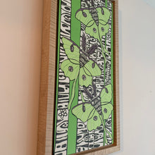 Load image into Gallery viewer, Luna moth and birch tree woodcut framed in natural curly maple
