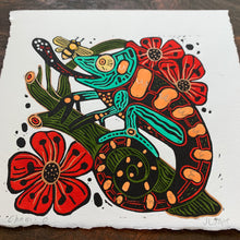 Load image into Gallery viewer, Handpainted festive chameleon linocut
