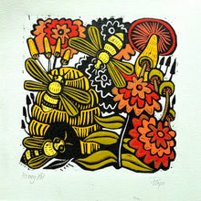Load image into Gallery viewer, Bee and floral Linocut
