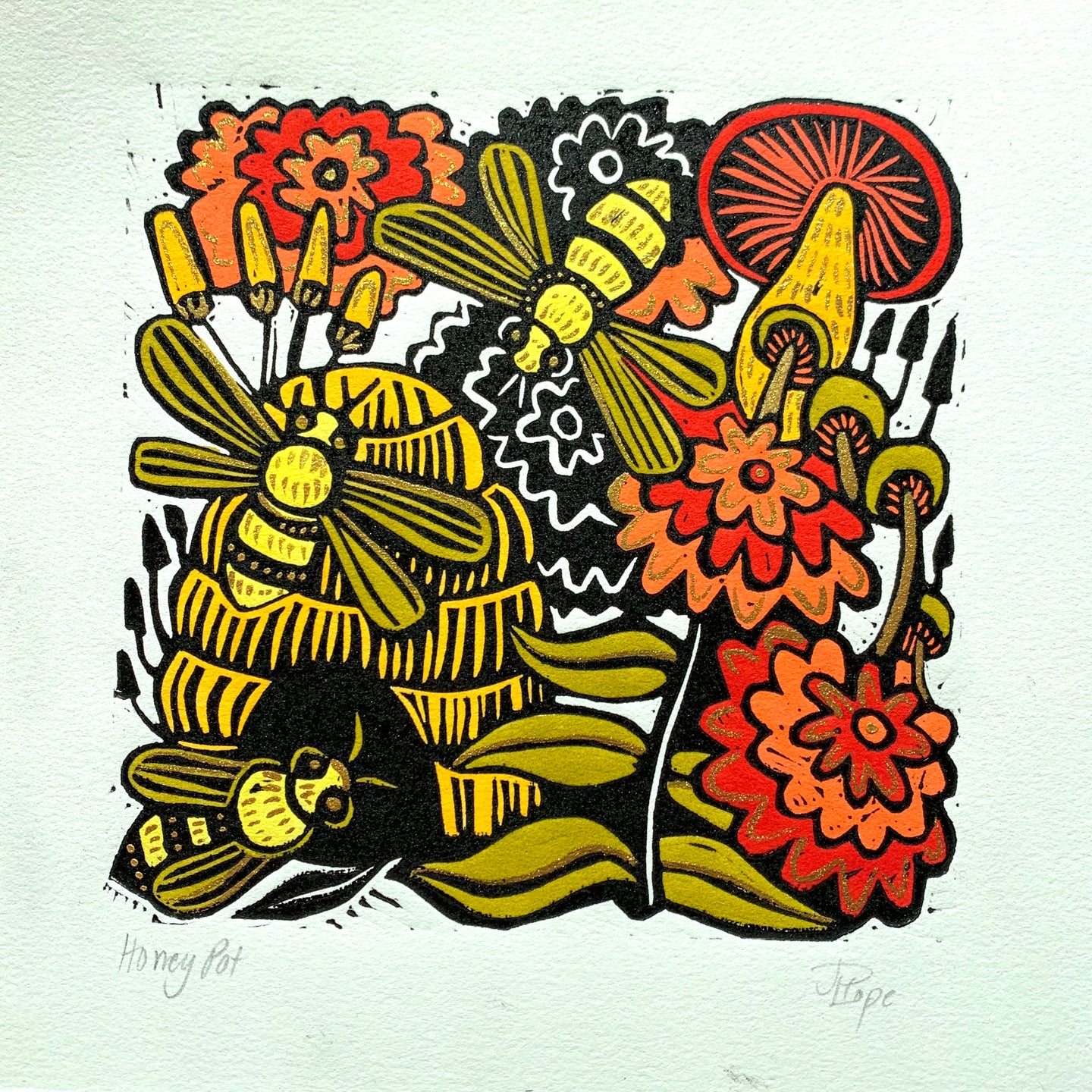 Bee and floral Linocut