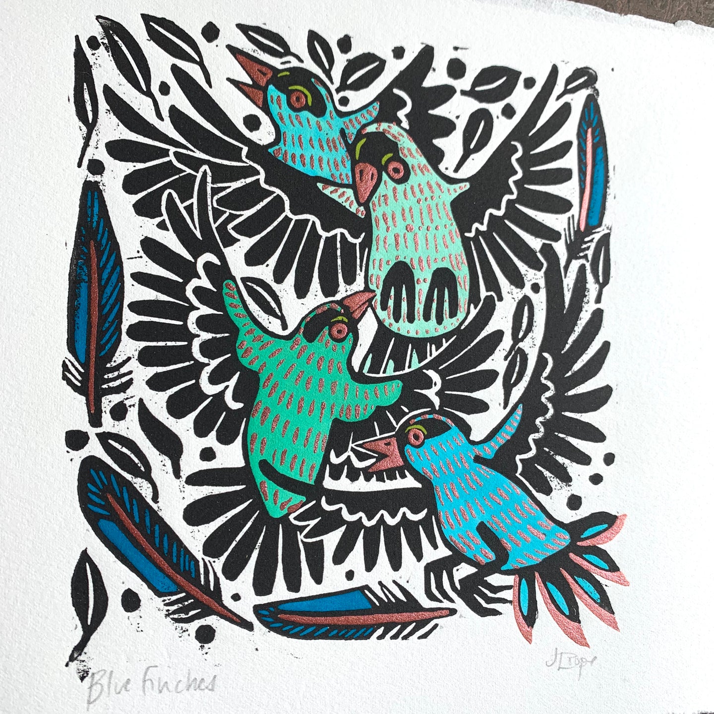 Blue finch linocut