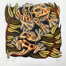 Load image into Gallery viewer, Handpainted yellow shiny frog linocut
