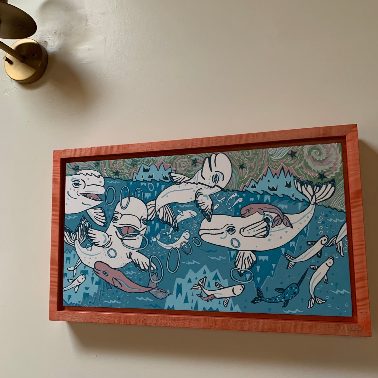 Pre-order Beluga Woodcut Framed in pink curly maple