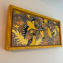 Load image into Gallery viewer, Goldfinch woodcut framed in yellow
