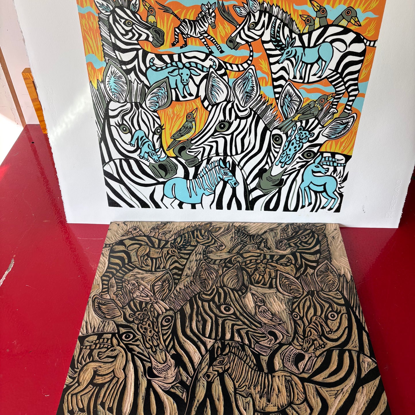 Zebra and extinct megafauna original Woodcut