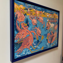 Load image into Gallery viewer, Flamingo and llama woodcut framed in blue
