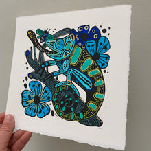 Load image into Gallery viewer, Blue Handpainted chameleon linocut
