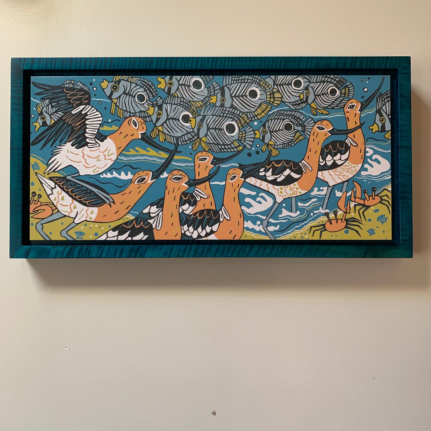 IN STOCK Avocet woodcut framed in blue