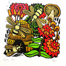 Load image into Gallery viewer, Bee and floral Linocut
