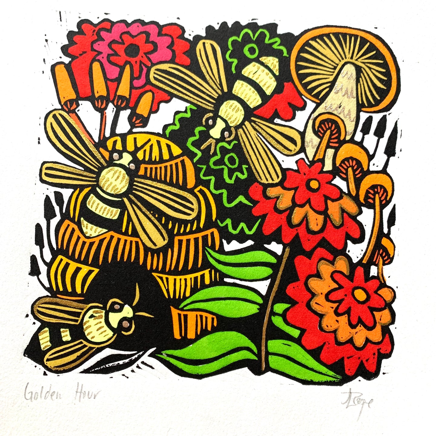 Bee and floral Linocut