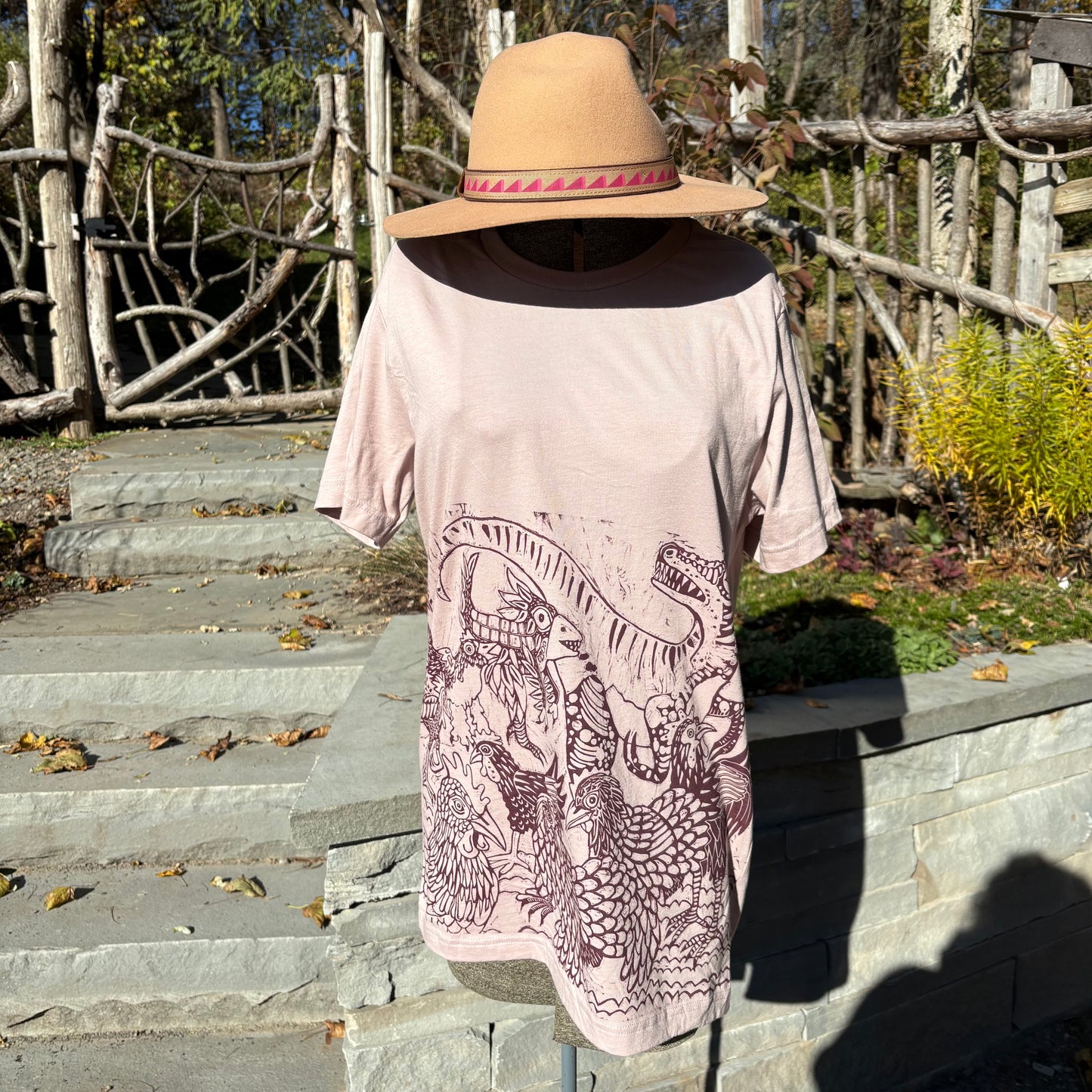 Pink-esque handprinted dino chicken shirt, December Pre-order