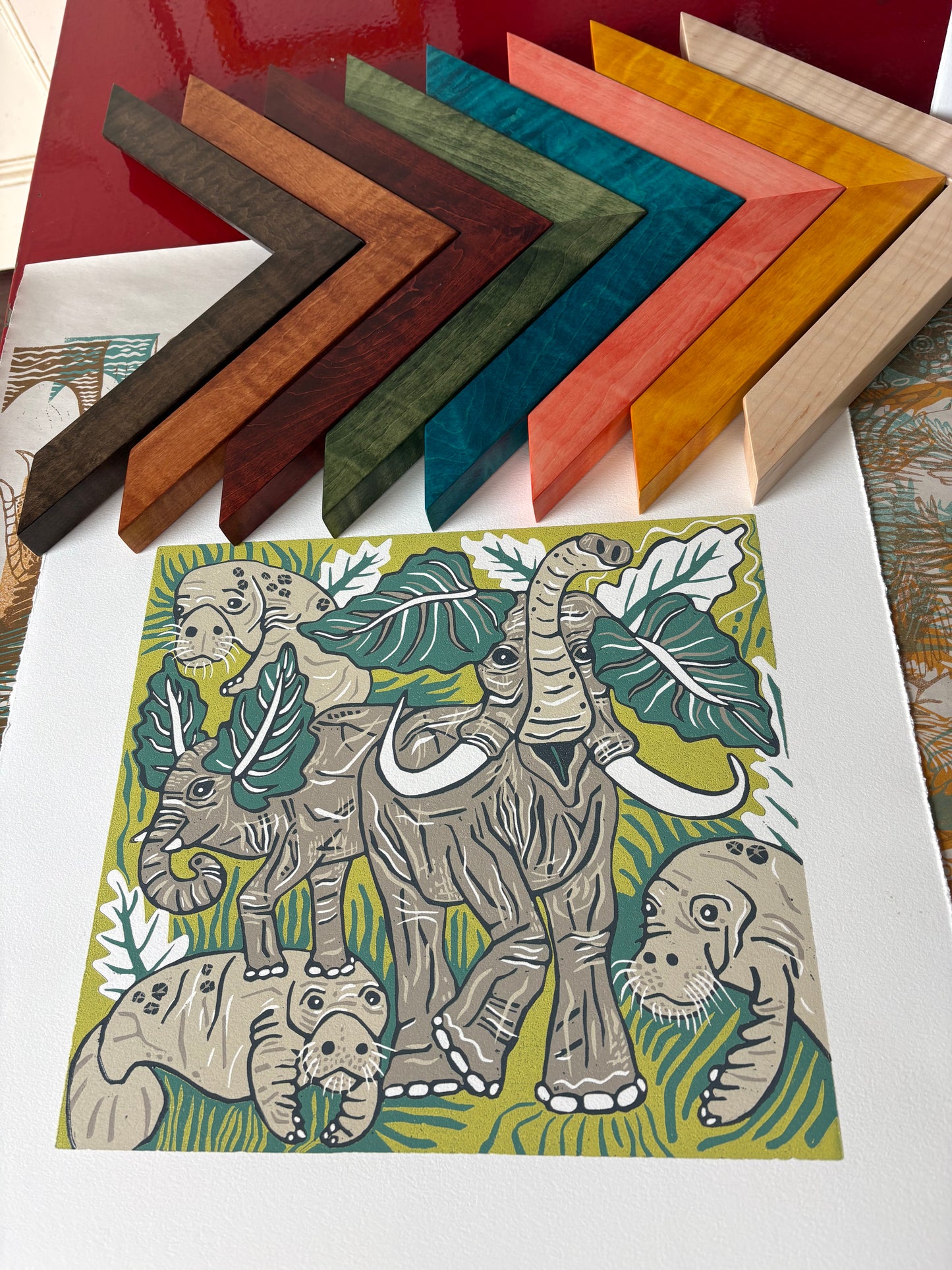 Elephant and manatee original woodcut