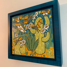 Load image into Gallery viewer, Cactus bats framed in blue solid tiger maple wood
