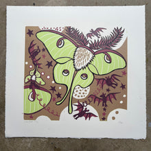 Load image into Gallery viewer, LAST ONE Luna Moth and Bat Woodcut (sm)

