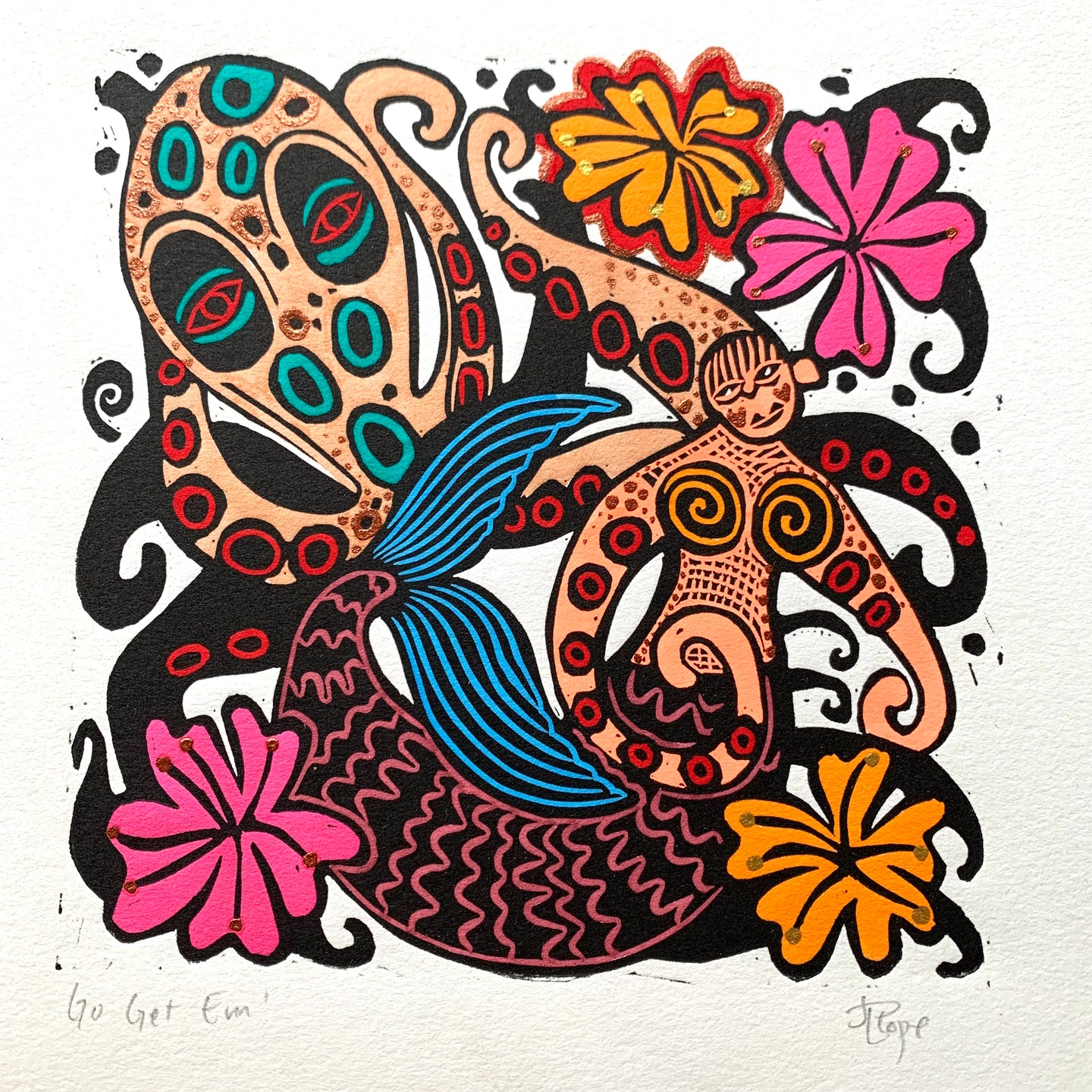 Octopus and octoperson Linocut