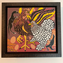 Load image into Gallery viewer, Chicken woodcut framed in black solid tiger maple wood
