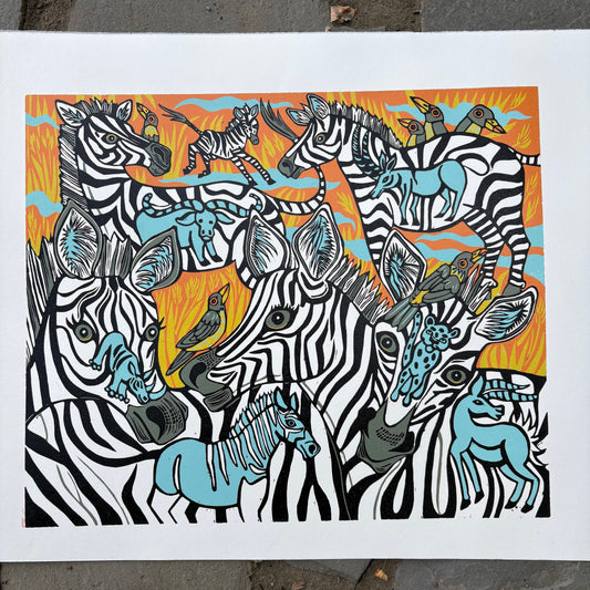Zebra and extinct megafauna original Woodcut