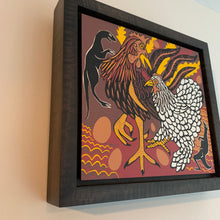 Load image into Gallery viewer, Chicken woodcut framed in black solid tiger maple wood
