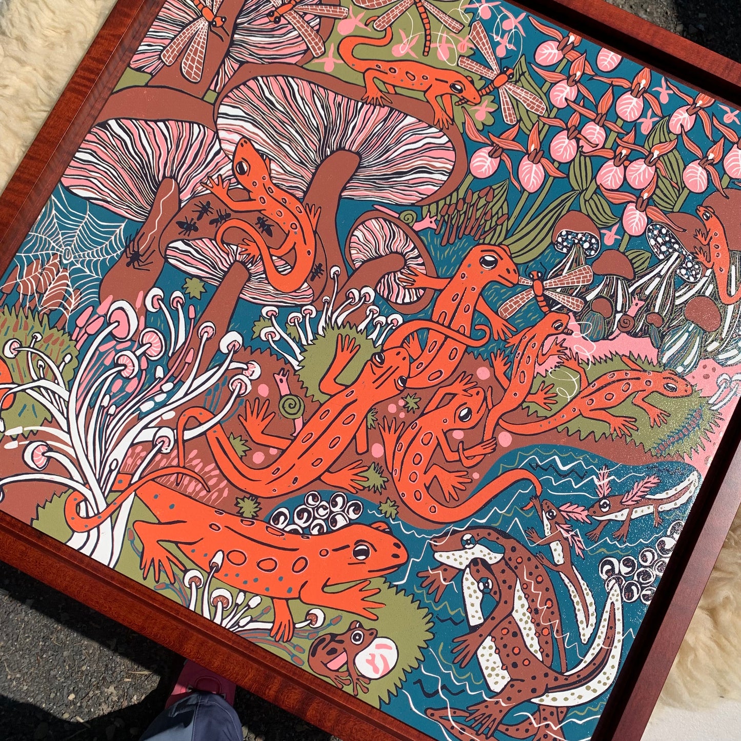 Red eft and mushroom and orchid framed woodcut