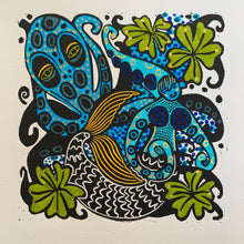 Load image into Gallery viewer, Very Blue Octopus and octoperson Linocut
